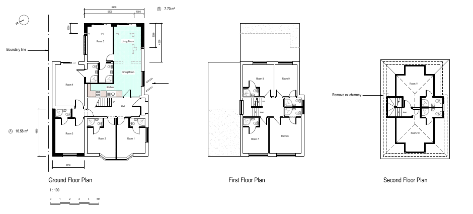 Extract of the proposed ground, first and second floor plans for the 11 bedroom HMO, without the drawing title block