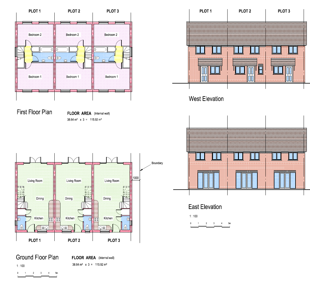 Tapper Court ground and first floor plans with front and rear elevations; identifying title block excluded
